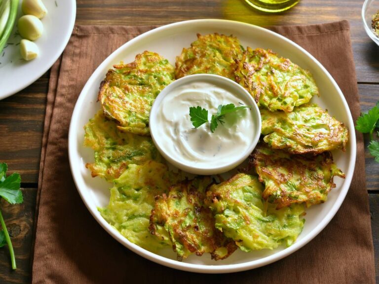 Placuszki z cukinii i sos do nich. Obrazek w artykule Najlepszy sposób na cukinię na śniadanie, który zaskoczy lekkością i smakiem