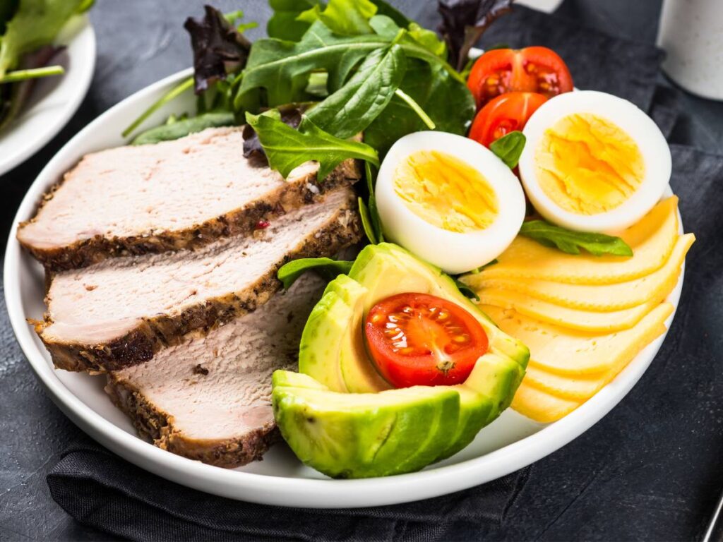 Talerz z plastrami jasnego miesa, sera, awokado, pomidorem. Obrazek w artykule 4 propozycje na śniadanie, jeśli jesteś na keto diecie