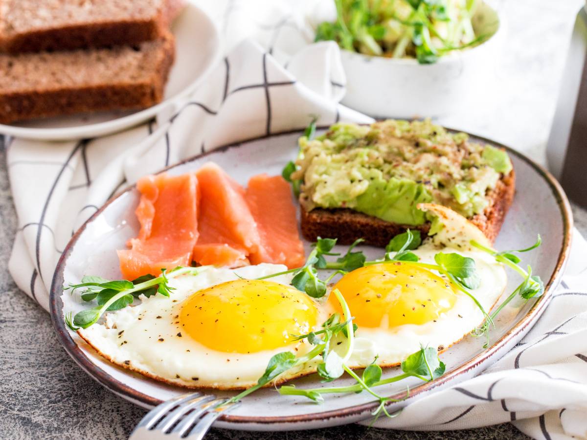 Talerz z jajkami, mięskiem i tostami. Obrazek w artykule 4 pomysły na śniadanie z dużą ilością białka, które wspomoże budowę Twoich mięśni