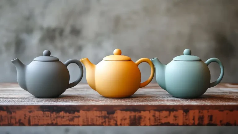 Zdjęcie przedstawia trzy ceramiczne czajniczki, ustawione w rzędzie na drewnianym, lekko postarzanym stole. Każdy z nich ma inną pastelową barwę: • Lewy czajniczek – szary, • Środkowy czajniczek – ciepły żółty, • Prawy czajniczek – delikatny miętowy. Szczegóły obrazu: • Czajniczki mają prosty, elegancki design, z matowym wykończeniem, które nadaje im minimalistyczny i nowoczesny charakter. • Wszystkie mają klasyczny kształt z okrągłym korpusem, zakrzywionym uchwytem i krótkim dziobkiem, a na górze znajduje się mała pokrywka z kulistym uchwytem. • Stół, na którym stoją, ma surową, drewnianą fakturę z widocznymi przetarciami, co dodaje rustykalnego uroku. • W tle znajduje się szara, lekko teksturowana ściana, która nadaje zdjęciu subtelny, neutralny klimat. Atmosfera i przekaz: Zdjęcie ma harmonijną, spokojną kompozycję, łączącą minimalizm, estetykę wabi-sabi oraz japońską filozofię prostoty. Może symbolizować chwilę relaksu, rytuał parzenia herbaty oraz piękno codziennych przedmiotów.